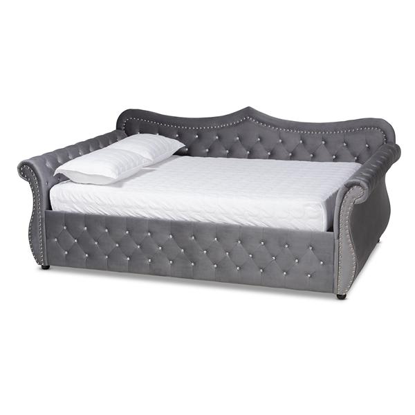 baxton studio Baxton Studio Abbie Traditional and Transitional Grey Velvet Fabric Upholstered and Crystal Tufted Queen Size Daybed