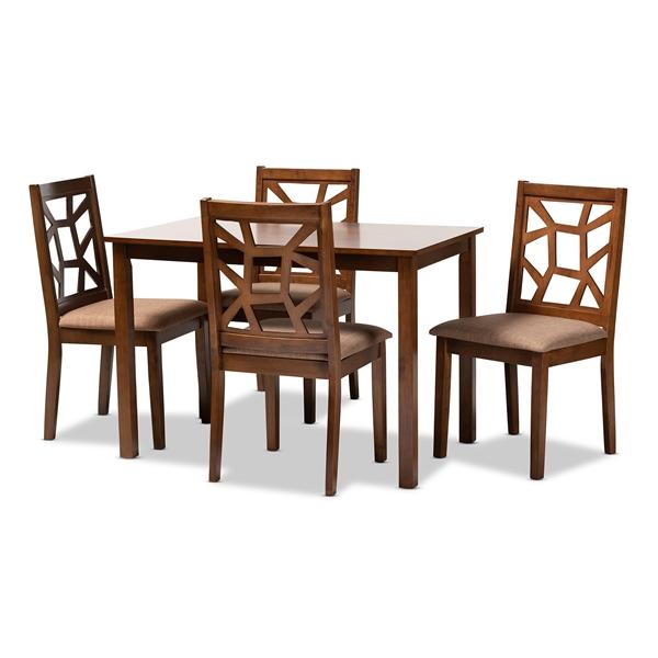 baxton studio Baxton Studio Abilene Mid-Century Light Brown Fabric Upholstered and Walnut Brown Finished 5-Piece Wood Dining Set