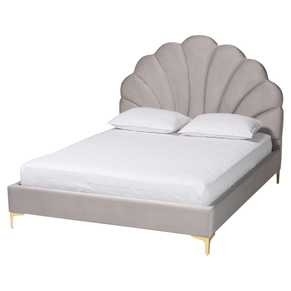 baxton studio Baxton Studio Acosta Glam and Luxe Light Grey Velvet Seashell-Headboard Queen Size Platform Bed