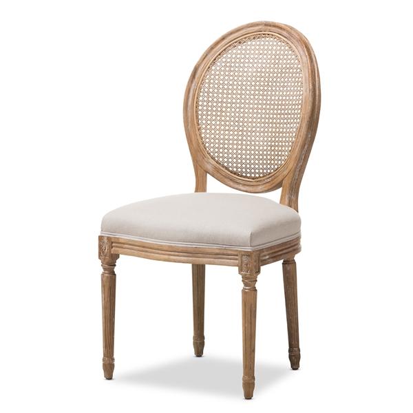 baxton studio Baxton Studio Adelia French Vintage Cottage Weathered Oak Finish Wood and Beige Fabric Upholstered Dining Side Chair with Round Cane Back
