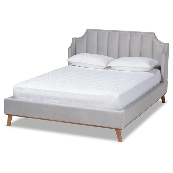 baxton studio Baxton Studio Adelie Modern Glam Light Grey Velvet Fabric Upholstered Walnut Brown Finished Wood King Size Wingback Platform Bed