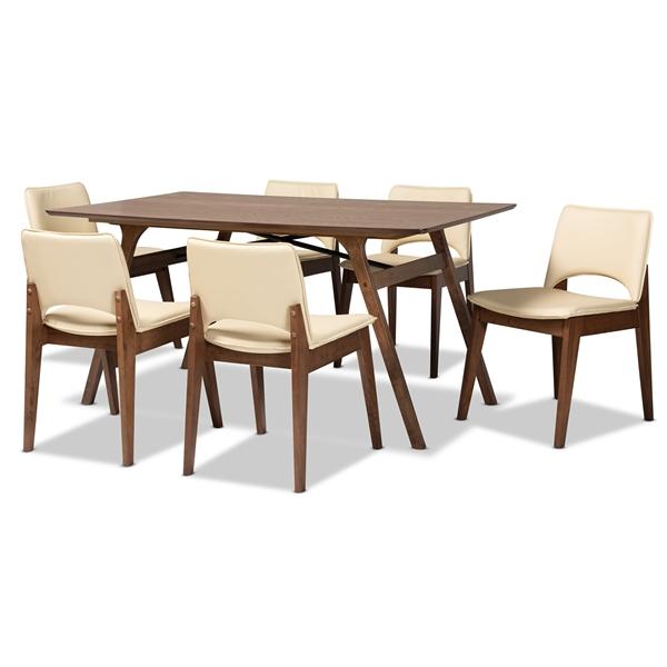 baxton studio Baxton Studio Afton Mid-Century Modern Beige Faux Leather Upholstered and Walnut Brown Finished Wood 7-Piece Dining Set