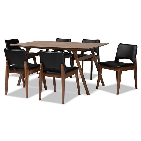 baxton studio Baxton Studio Afton Mid-Century Modern Black Faux Leather Upholstered and Walnut Brown Finished Wood 7-Piece Dining Set