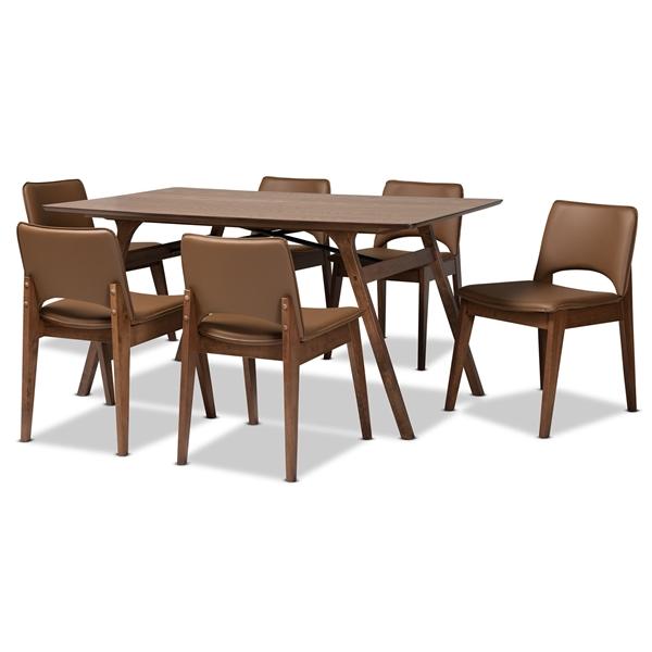 baxton studio Baxton Studio Afton Mid-Century Modern Brown Faux Leather Upholstered and Walnut Brown Finished Wood 7-Piece Dining Set