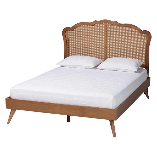 baxton studio Baxton Studio Aithan Mid-Century Walnut Brown Wood and Rattan Queen Size Platform Bed