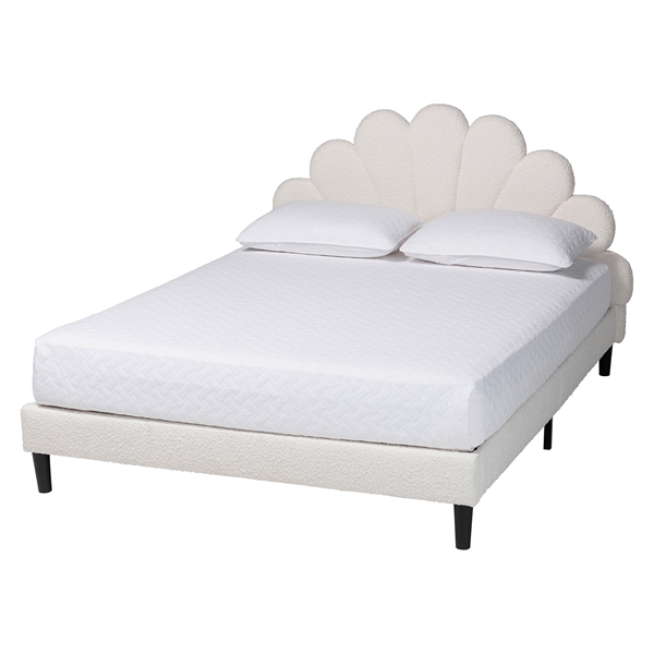 baxton studio Baxton Studio Albion Boucle Upholstered Platform Bed - Soft Fabric Queen Size Bed Frame with Padded Headboard Minimalist Design Cream