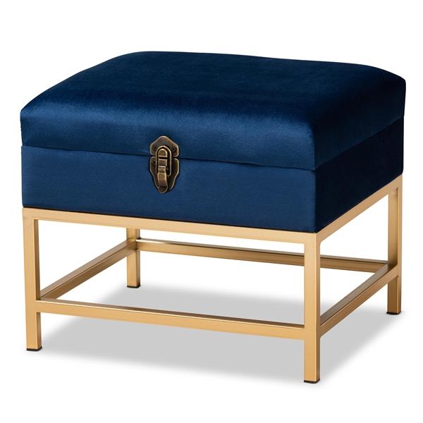 baxton studio Baxton Studio Aliana Glam and Luxe Navy Blue Velvet Fabric Upholstered and Gold Finished Metal Small Storage Ottoman