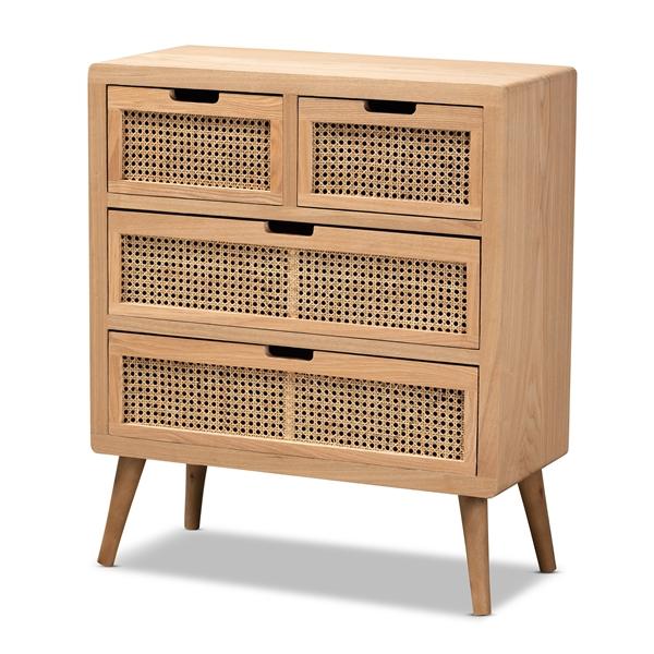 baxton studio Baxton Studio Alina Mid-Century Modern Medium Oak Finished Wood and Rattan 4-Drawer Accent Storage Cabinet