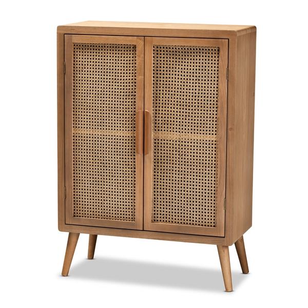 baxton studio Baxton Studio Alina Mid-Century Modern Medium Oak Finished Wood and Rattan 2-Door Accent Storage Cabinet