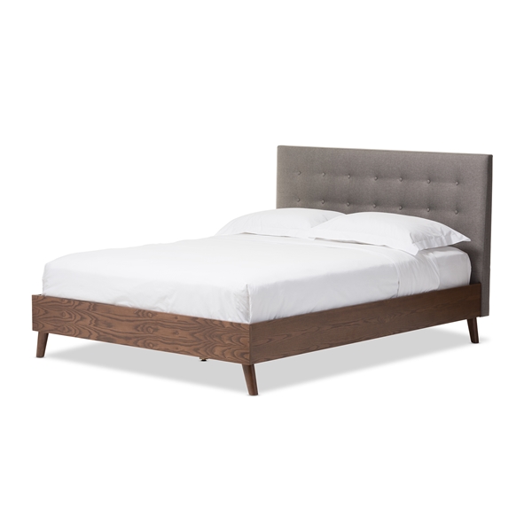 baxton studio Baxton Studio Alinia Mid-century Retro Modern Grey Fabric Upholstered Walnut Wood Full Size Platform Bed