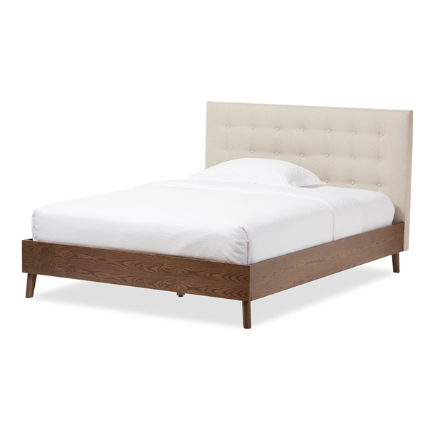baxton studio Baxton Studio Alinia Mid-century Retro Modern Light Beige Fabric Upholstered Walnut Wood Queen Size Platform Bed