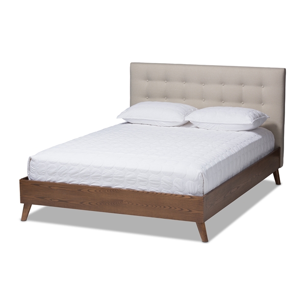 baxton studio Baxton Studio Alinia Mid-century Retro Modern Light Beige Fabric Upholstered Walnut Wood King Size Platform Bed