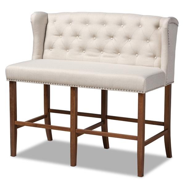 baxton studio Baxton Studio Alira Modern and Contemporary Beige Fabric Upholstered Walnut Finished Wood Button Tufted Bar Stool Bench