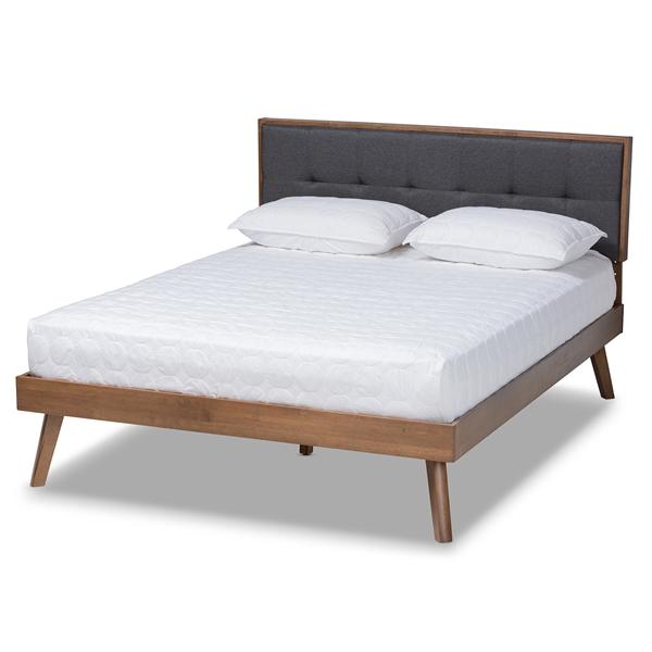 baxton studio Baxton Studio Alke Mid-Century Modern Dark Grey Fabric Upholstered Walnut Brown Finished Wood Full Size Platform Bed
