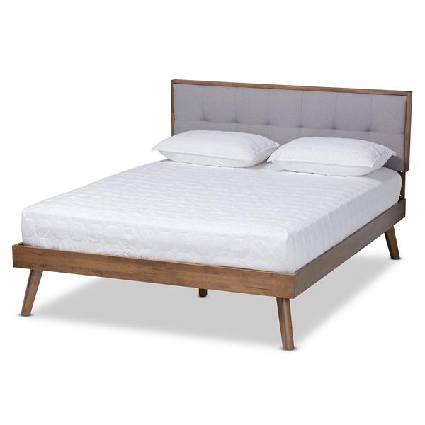 baxton studio Baxton Studio Alke Mid-Century Modern Light Grey Fabric Upholstered Walnut Brown Finished Wood Queen Size Platform Bed