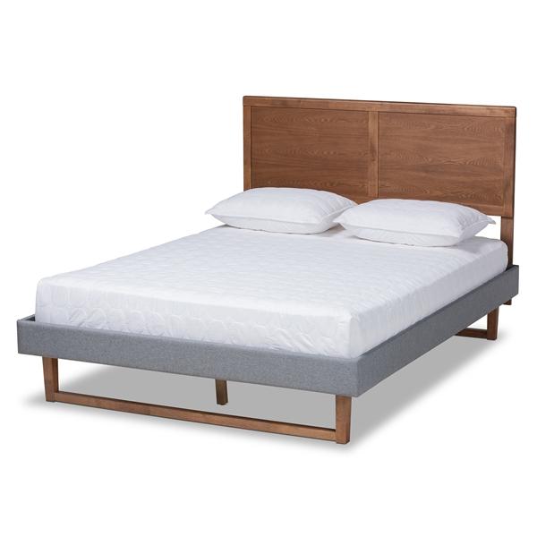 baxton studio Baxton Studio Allegra Mid-Century Modern Dark Grey Fabric Upholstered and Ash Walnut Brown Finished Wood Queen Size Platform Bed