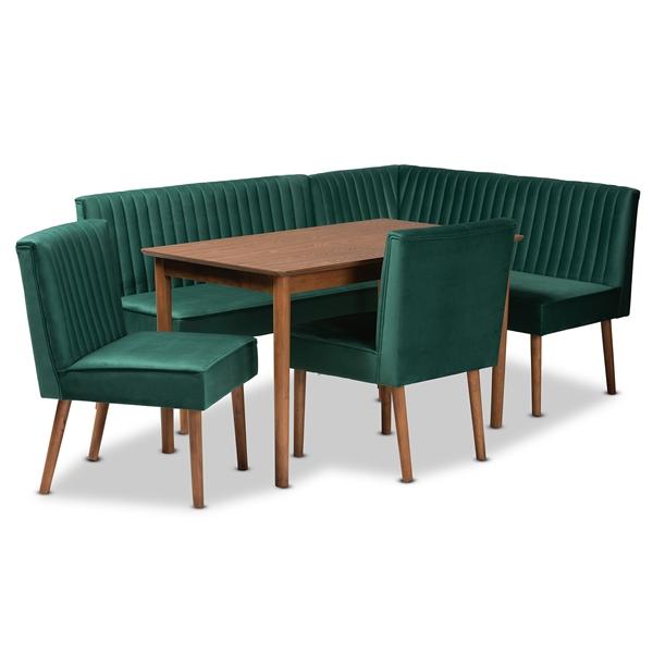 baxton studio Baxton Studio Alvis Mid-Century Modern Emerald Green Velvet Upholstered and Walnut Brown Finished Wood 5-Piece Dining Nook Set