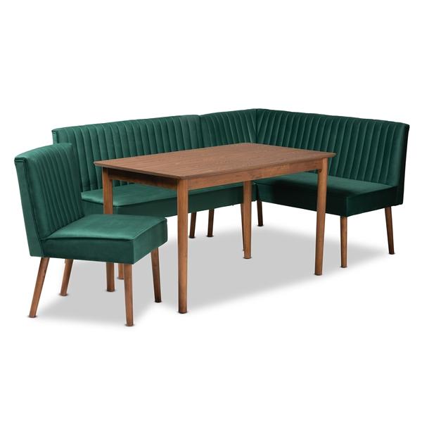 baxton studio Baxton Studio Alvis Mid-Century Modern Emerald Green Velvet Upholstered and Walnut Brown Finished Wood 4-Piece Dining Nook Set