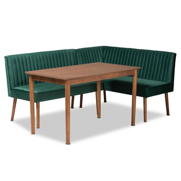 baxton studio Baxton Studio Alvis Mid-Century Modern Emerald Green Velvet Upholstered and Walnut Brown Finished Wood 3-Piece Dining Nook Set