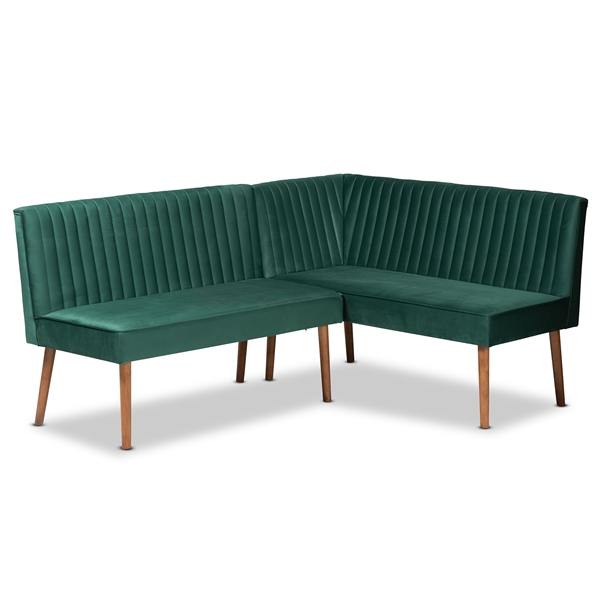 baxton studio Baxton Studio Alvis Mid-Century Modern Emerald Green Velvet Upholstered and Walnut Brown Finished Wood 2-Piece Dining Nook Banquette Set