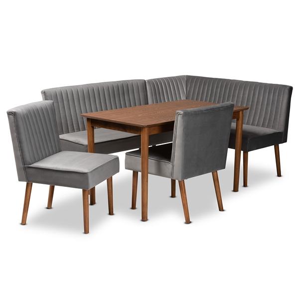 baxton studio Baxton Studio Alvis Mid-Century Modern Grey Velvet Upholstered and Walnut Brown Finished Wood 5-Piece Dining Nook Set