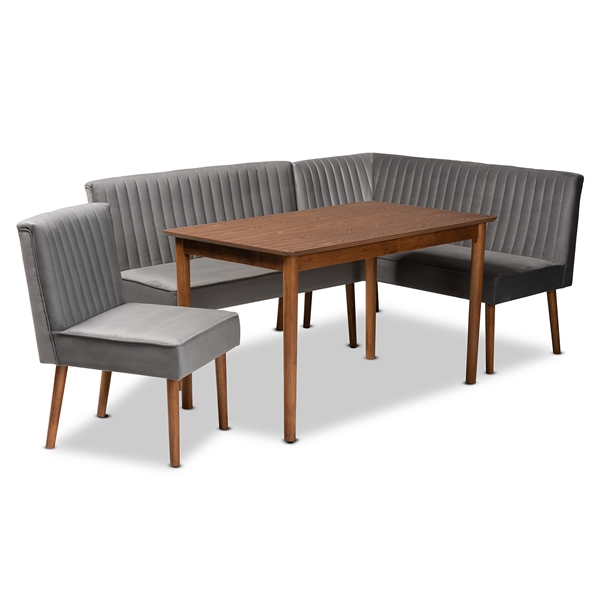 baxton studio Baxton Studio Alvis Mid-Century Modern Grey Velvet Upholstered and Walnut Brown Finished Wood 4-Piece Dining Nook Set