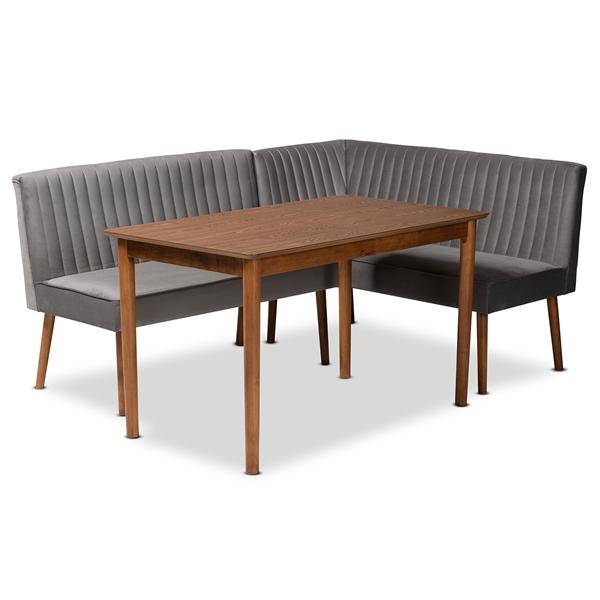 baxton studio Baxton Studio Alvis Mid-Century Modern Grey Velvet Upholstered and Walnut Brown Finished Wood 3-Piece Dining Nook Set