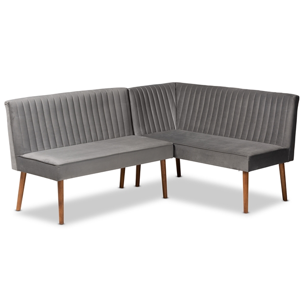 baxton studio Baxton Studio Alvis Mid-Century Modern Grey Velvet Upholstered and Walnut Brown Finished Wood 2-Piece Dining Nook Banquette Set