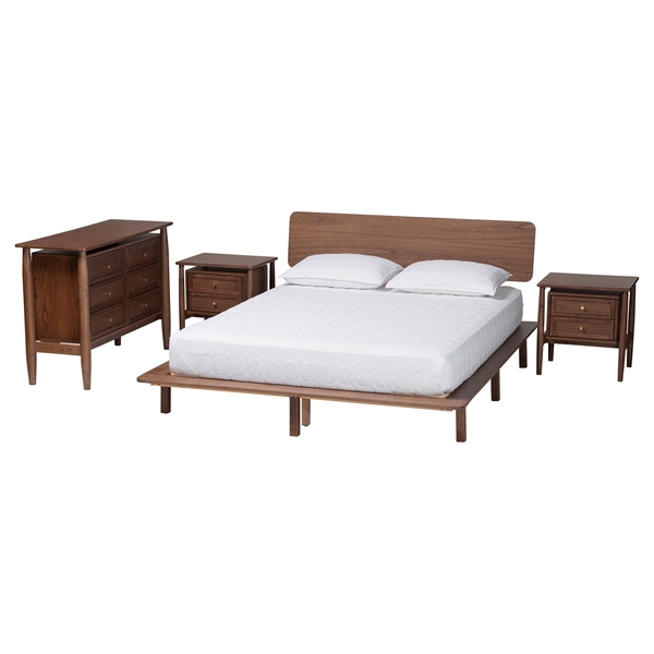 baxton studio Baxton Studio Alyssa Japandi Walnut Brown Wood Queen Size 4-Piece Bedroom Set