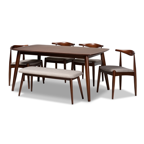 baxton studio Baxton Studio Amato Mid-Century Modern Light Gray Fabric Upholstered Walnut Finished Wood 6-Piece Dining Set