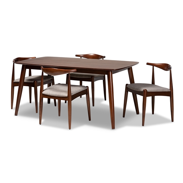 baxton studio Baxton Studio Amato Mid-Century Modern Light Gray Fabric Upholstered Walnut Finished Wood 5-Piece Dining Set
