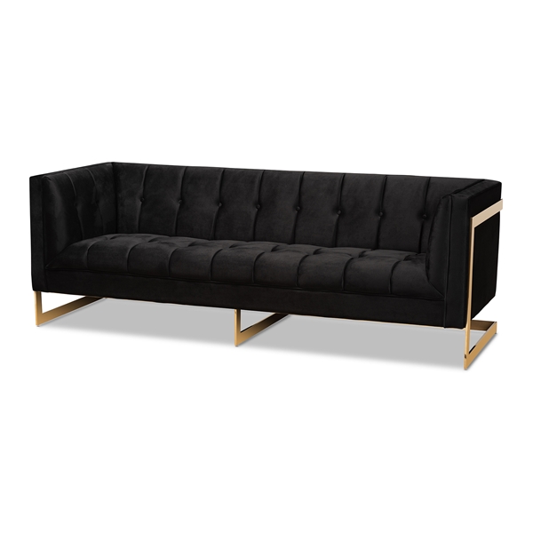 baxton studio Baxton Studio Ambra Glam and Luxe Black Velvet Upholstered and Button Tufted Sofa with Gold-Tone Frame