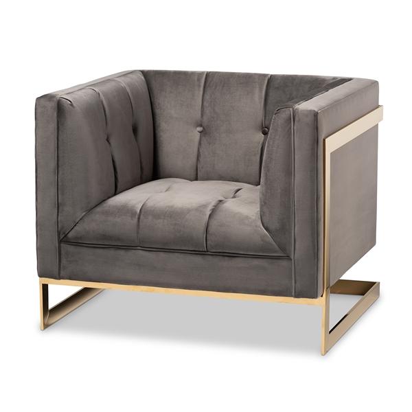 baxton studio Baxton Studio Ambra Glam and Luxe Grey Velvet Fabric Upholstered and Button Tufted Armchair with Gold-Tone Frame