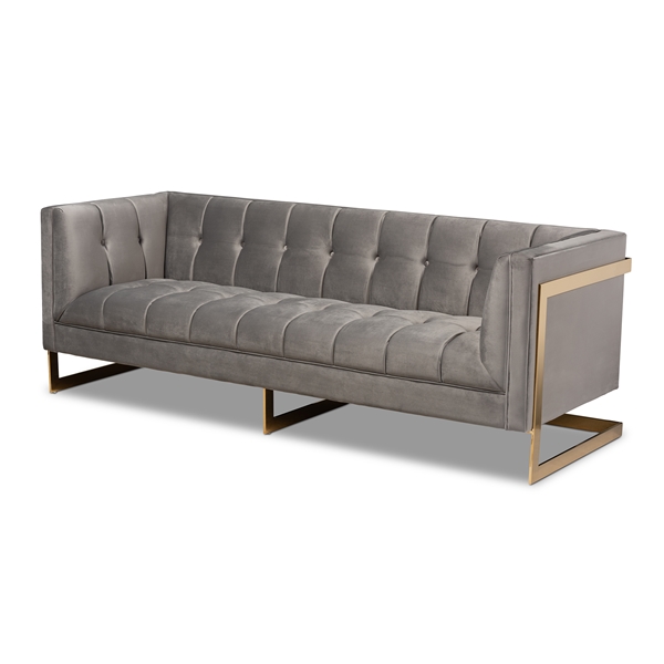 baxton studio Baxton Studio Ambra Glam and Luxe Grey Velvet Fabric Upholstered and Button Tufted Sofa with Gold-Tone Frame