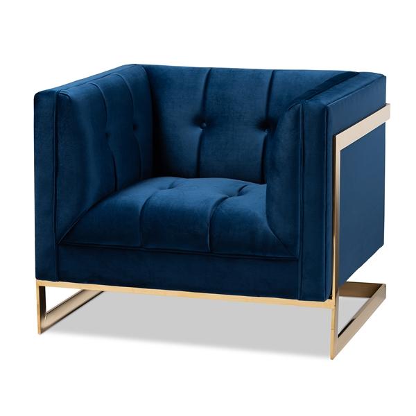 baxton studio Baxton Studio Ambra Glam and Luxe Navy Blue Velvet Fabric Upholstered and Button Tufted Armchair with Gold-Tone Frame