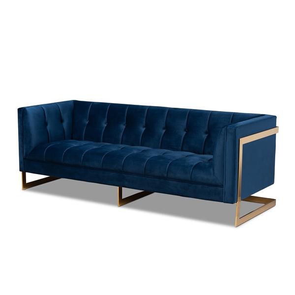 baxton studio Baxton Studio Ambra Glam and Luxe Navy Blue Velvet Fabric Upholstered and Button Tufted Gold Sofa with Gold-Tone Frame