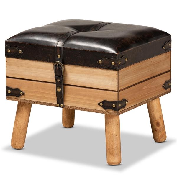 baxton studio Baxton Studio Amena Rustic Transitional Dark Brown PU Leather Upholstered and Oak Finished Wood Small Storage Ottoman