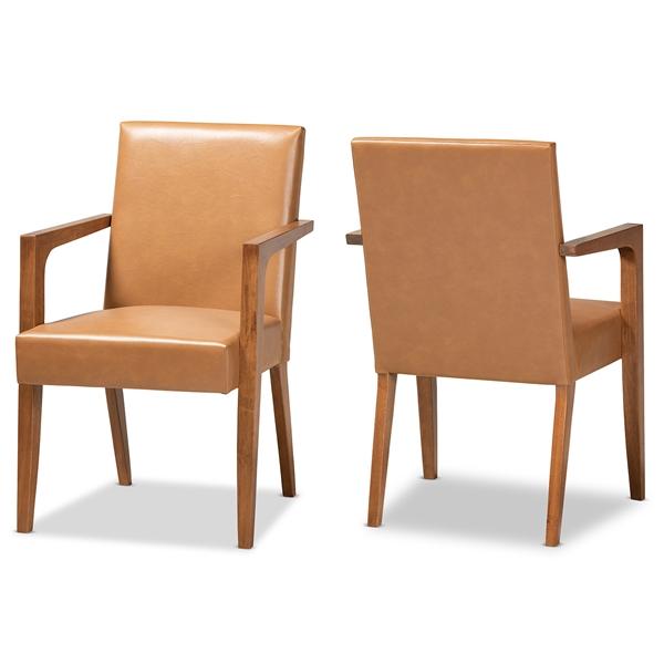 baxton studio Baxton Studio Andrea Mid-Century Modern Tan Faux Leather Upholstered and Walnut Brown Finished Wood 2-Piece Armchair Set