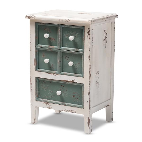 baxton studio Baxton Studio Angeline Antique French Country Cottage Distressed White and Teal Finished Wood 5-Drawer Storage Cabinet