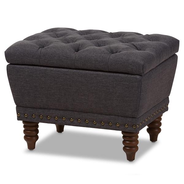 baxton studio Baxton Studio Annabelle Modern and Contemporary Dark Grey Fabric Upholstered Walnut Wood Finished Button-Tufted Storage Ottoman