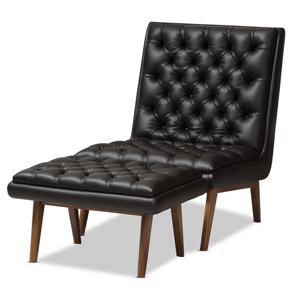 baxton studio Baxton Studio Annetha Mid-Century Modern Black Faux Leather Upholstered Walnut Finished Wood Chair And Ottoman Set