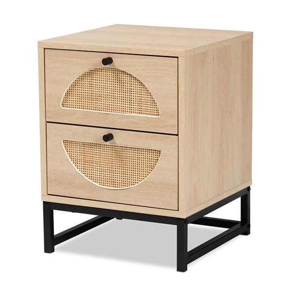baxton studio Baxton Studio Ardon Bohemian Light Brown Finished Wood and Black Metal 2-Drawer End Table with Natural Rattan