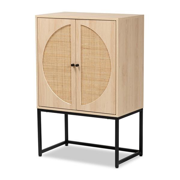 baxton studio Baxton Studio Ardon Bohemian Light Brown Finished Wood and Black Metal 2-Door Storage Cabinet with Natural Rattan