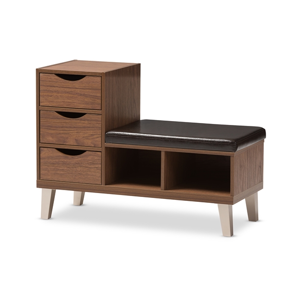 baxton studio Baxton Studio Arielle Modern and Contemporary Walnut Brown Wood 3-Drawer Shoe Storage Padded Leatherette Seating Bench with Two Open Shelves