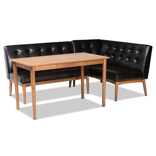 baxton studio Baxton Studio Arvid Mid-Century Modern Dark Brown Faux Leather Upholstered 3-Piece Wood Dining Nook Set