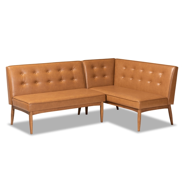 baxton studio Baxton Studio Arvid Mid-Century Modern Tan Faux Leather Upholstered and Walnut Brown Finished Wood 2-Piece Dining Corner Sofa Bench