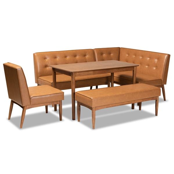 baxton studio Baxton Studio Arvid Mid-Century Modern Tan Faux Leather Upholstered and Walnut Brown Finished Wood 5-Piece Dining Nook Set