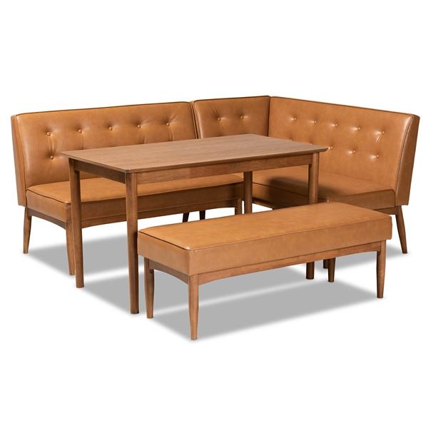 baxton studio Baxton Studio Arvid Mid-Century Modern Tan Faux Leather Upholstered and Walnut Brown Finished Wood 4-Piece Dining Nook Set