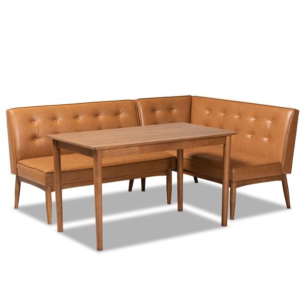 baxton studio Baxton Studio Arvid Mid-Century Modern Tan Faux Leather Upholstered and Walnut Brown Finished Wood 3-Piece Dining Nook Set