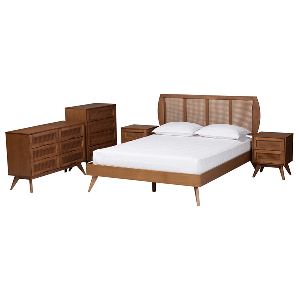 baxton studio Baxton Studio Asami Mid-Century Modern Walnut Brown Finished Wood and Woven Rattan Full Size 5-Piece Bedroom Set